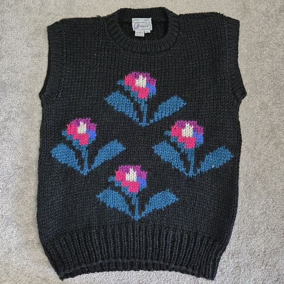 VTG Windcrest Womens Large Hand Knit Vest Floral Tulip 80s 90s Sweater - Picture 1 of 14